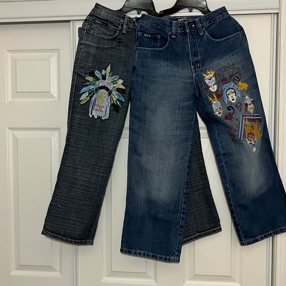2 pair Focus Artistic Denim Jeans with Colorful Patches. Size 12